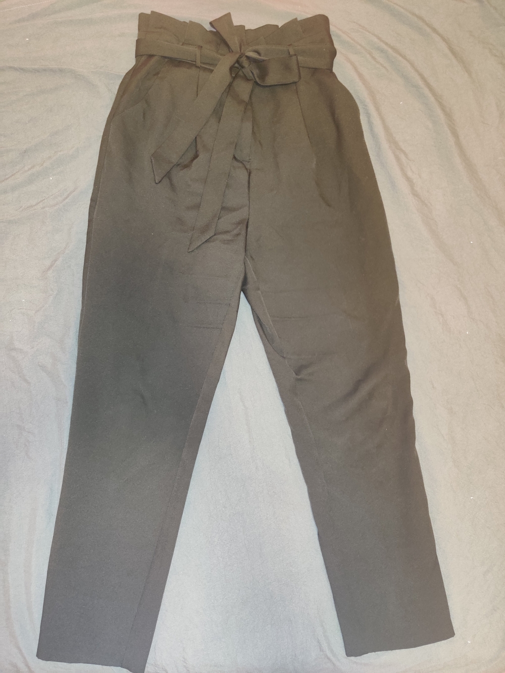 High-Waist Paperbag Trousers with Tie Belt - Black